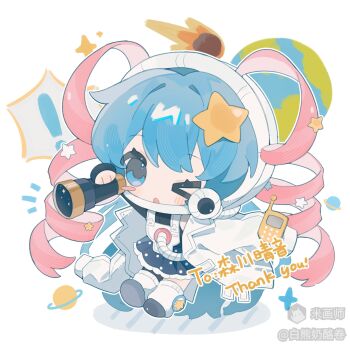 ! &gt;_o 1girl ;o black_shoes blue_eyes blue_hair blue_skirt blush_stickers chibi chibi_only earth_(planet) frilled_skirt frills full_body hair_ornament helmet highres holding lab_coat long_sleeves mihuashi_645280 mihuashi_username notice_lines one_eye_closed open_mouth original planet polka_dot polka_dot_skirt shoes short_hair simple_background skirt socks solo spyglass standing star_(symbol) star_hair_ornament thank_you white_background white_helmet white_socks