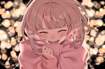 1girl backlighting black_ribbon blunt_bangs blurry blush bob_cut bokeh bow breath clenched_hand closed_eyes colored_inner_hair commentary_request depth_of_field fangs floating_hair furrowed_brow grey_hair hand_to_own_mouth jacket makaino_ririmu makaino_ririmu_(5th_costume) medium_hair multicolored_hair nijisanji open_mouth pink_hair pink_jacket pink_scarf pink_streaks pointy_ears red_eyes ribbon sakura_243905 scarf scarf_bow sleeves_past_wrists smile solo streaked_hair teeth two-tone_hair upper_teeth_only v-shaped_eyebrows virtual_youtuber