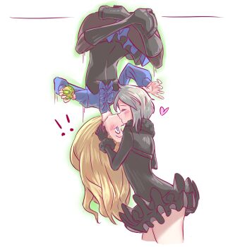 Rule 34 | !, !!, 2girls, ange (princess principal), anjuro zeeku, black boots, black dress, blonde hair, blue bow, blue eyes, blush, boots, bow, breasts, cavorite ball, commentary, dress, english commentary, grey hair, heart, highres, kiss, long hair, multiple girls, princess (princess principal), princess principal, short hair, small breasts, upside-down kiss, yuri