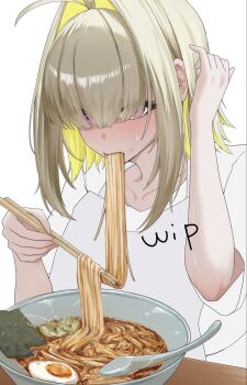 Rule 34 | 1girl, adjusting hair, ahoge, blonde hair, blush, bowl, breasts, chopsticks, collarbone, commentary request, eating, elegg (nikke), english text, eyelashes, eyes visible through hair, food, food focus, full-face blush, furrowed brow, goddess of victory: nikke, hair intakes, hair over eyes, highres, holding, holding chopsticks, holding with chopsticks, looking at viewer, noodles, ramen, shirt, short hair, shupita, softboiled egg, solo, sweat, table, unfinished, white background, white shirt