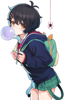 1girl ataruman backpack bag blowing_bubbles brown_eyes bug chewing_gum commentary_request hair_ornament hairclip highres hood hood_down hoodie looking_at_viewer marvel marvel_tokon:_fighting_souls miniskirt necktie open_collar peni_parker red_necktie simple_background skirt solo spider spider-man_(series)
