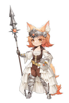 1girl 2bmm2 :3 absurdres animal_ears arm_armor armored_gloves belt bloomers brown_bloomers brown_corset closed_mouth collar collarbone commentary corset dot_nose dress english_commentary eyelashes flat_chest forehead_protector frilled_dress frilled_skirt frills full_body half-skirt hand_on_own_hip highres holding holding_polearm holding_weapon leg_armor long_sleeves looking_at_viewer medium_hair orange_hair orange_tail original polearm sabaton simple_background skirt smile solo standing underwear weapon white_background white_dress white_skirt wide_sleeves yellow_belt yellow_eyes
