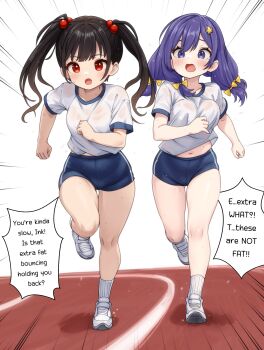 2girls alternate_language black_hair buruma commentary comodox english_commentary english_text gym_uniform hair_ornament highres ink_(comodox) lulla_(comodox) multiple_girls original purple_hair red_eyes running shirt socks twintails