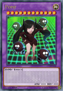 1girl 4boys android barefoot dress furry furry_male highres humanoid_robot jcm2 long_hair mecha mecha_musume multiple_boys parody pomf_(jcm2) raccoon_boy robot skin_seams stats status_effect style_parody toon_(style) twintails yu-gi-oh!