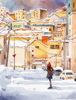 1girl absurdres beanie brown_hair building car coat commentary_request day hat highres long_hair motor_vehicle muyi_(rmkr5237) original outdoors power_lines red_hat road_sign scenery sign signature snow snow_boots snowing solo standing town utility_pole wide_shot winter