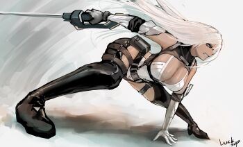 1girl amir_(chaos_zero_nightmare) angry arm_armor belt blue_eyes breasts chaos_zero_nightmare clothing_cutout dark-skinned_female dark_skin gloves hand_on_ground high_heels highres holding holding_sword holding_weapon large_breasts lucksup mole mole_on_breast rapier revealing_clothes shirt solo sword teeth thigh_belt thigh_strap weapon white_hair white_shirt