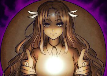 1girl ascot blonde_hair closed_mouth collared_shirt energy_ball eyelashes feather_hair_ornament feathers fingernails forehead_jewel gold_skin hair_ornament highres kikuri_(touhou) long_hair looking_at_viewer outstretched_arms parted_bangs shirt shu_reise smile solo touhou touhou_(pc-98) very_long_hair wavy_hair