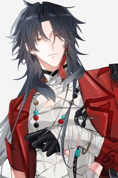 1boy ahoge artist_name bandaged_chest bandaged_hand bandages beads black_gloves black_hair blade_(honkai:_star_rail) double-parted_bangs earrings gloves hashtag-only_commentary highres honkai:_star_rail honkai_(series) jacket jewelry long_hair mismatched_earrings necklace open_clothes open_jacket realjinn44 red_eyes red_jacket tassel tassel_earrings yellow_eyes