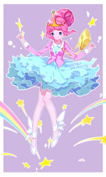 1girl adventure_time artist_name bag blazer blue_dress colored_skin dated dress female_focus hair_bun handbag jacket long_hair outside_border pink_hair pink_skin princess_bonnibel_bubblegum psd rainbow signature single_hair_bun solo tiara