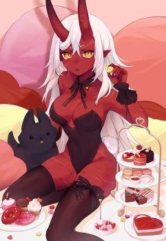 1girl absurdres akumi_(yoclesh) animal bare_shoulders bed black_thighhighs breasts cake candy chocolate chocolate_heart colored_skin demon_girl dog fingernails food fruit hair_between_eyes heart highres horns indie_virtual_youtuber large_breasts long_hair looking_at_viewer macaron oni oni_horns plate playboy_bunny pointy_ears red_oni red_skin scar scar_across_eye scar_on_face sitting solo strawberry thighhighs valentine virtual_youtuber white_hair yellow_eyes yoclesh