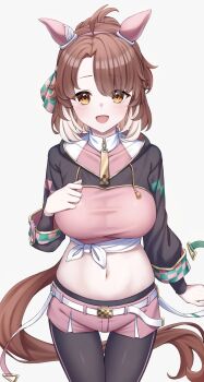 1girl :d alan_(210bush) animal_ears belt black_pants blush brown_hair commentary_request dantsu_flame_(center_spotlight)_(umamusume) dantsu_flame_(umamusume) ear_covers grey_background highres horse_ears horse_girl horse_tail long_sleeves looking_at_viewer midriff multicolored_hair navel open_mouth pants pink_shorts short_hair shorts simple_background smile solo standing stomach tail thigh_gap two-tone_hair umamusume white_belt white_hair