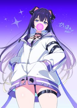 1girl animal_ears black_choker black_shorts blush breasts chest_belt chewing_gum choker commission dog_ears hands_in_pockets highres jacket kamuraaa_615 long_hair long_sleeves looking_at_viewer medium_breasts original purple_eyes purple_hair short_shorts shorts skeb_commission solo thigh_strap white_jacket
