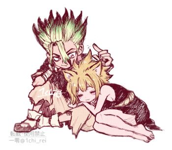 1boy 1girl :3 animal_ears barefoot black_dress blonde_hair blush breasts cat_ears closed_eyes closed_mouth dr._stone dress fox_ears green_hair head_rest highres ishigami_senkuu kohaku_(dr._stone) multicolored_hair ninomae_gin red_eyes short_hair sideboob simple_background sitting sketch sleeping sleeveless smile spiked_hair white_background