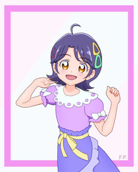 Rule 34 | 1girl, :d, ahoge, alternate hair length, alternate hairstyle, blouse, blush, border, bow, clenched hand, collared shirt, commentary, contrast collar, cowboy shot, frilled skirt, frilled sleeves, frills, fuefukipiper, hair ornament, hairclip, hands up, highres, lace-trimmed collar, lace trim, looking at viewer, medium skirt, multiple hair clips, open mouth, orange eyes, outside border, pink border, precure, puffy short sleeves, puffy sleeves, purple hair, purple shirt, purple skirt, shirt, short hair, short sleeves, simple background, skirt, sleeve bow, smile, solo, standing, suzumura sango, tropical-rouge! precure, white background, white bow, x hair ornament