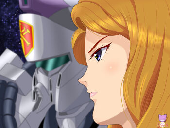 Rule 34 | 1girl, absurdres, blue eyes, blue visor, blurry, blurry background, cable, cecily fairchild, commentary request, crossbone vanguard, emblem, eyelashes, gundam, gundam f91, highres, logo, looking ahead, machinery, mecha, medal, mobile suit, nyahoekaki1, orange hair, portrait, robot, roundel, science fiction, serious, signature, space, star (sky), vigna ghina