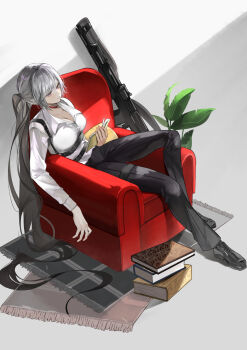 1girl absurdres ak-15 ak-15_(erwin)_(girls'_frontline) ak-15_(girls'_frontline) assault_rifle black_shoes breasts chair chest_harness choker cleavage closed_mouth collarbone collared_shirt commentary_request formal_clothes full_body girls'_frontline girls'_frontline_2:_exilium grey_background grey_hair gun harness highres kalashnikov_rifle long_hair long_sleeves official_alternate_costume plant ponytail purple_eyes reading red_choker rifle rug rutewell shirt shoes sitting smile solo suit thigh_strap very_long_hair voymastina_(girls'_frontline_2) weapon white_shirt