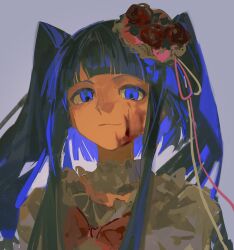 Rule 34 | 1girl, absurdres, blood, blood on face, blue eyes, blue hair, blunt bangs, closed mouth, commentary, english commentary, furudo erika, grey background, highres, long hair, looking at viewer, lostack3, sidelocks, simple background, smile, solo, twintails, umineko no naku koro ni, upper body