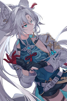 1girl absurdres adjusting_clothes adjusting_gloves animal_ear_fluff animal_ear_piercing animal_ears aqua_eyes asymmetrical_gloves belt black_gloves black_shorts blue_shirt breasts cleavage closed_mouth coat commentary covered_navel feixiao_(honkai:_star_rail) forehead_jewel fox_ears fox_girl gloves hair_intakes highres honkai:_star_rail honkai_(series) long_hair looking_to_the_side medium_breasts mismatched_gloves parted_bangs partially_fingerless_gloves ponytail shirt shorts simple_background sin_(btc86amme) smile solo thighs very_long_hair whip white_belt white_coat white_hair