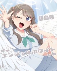 Rule 34 | 1girl, ;d, absurdres, blue background, brown hair, character name, commentary, dress, falling feathers, feathers, feet out of frame, fujishima megumi, green neckerchief, hasu no sora school uniform, highres, knees up, large wings, link! like! love live!, long hair, looking at viewer, love live!, medium dress, neckerchief, one eye closed, open hand, open mouth, outstretched arm, pleated dress, purple eyes, sailor collar, sailor dress, school uniform, short sleeves, smile, solo, summer uniform, tetetsu (yuns4877), two side up, virtual youtuber, white dress, white feathers, white sailor collar, white wings, wings