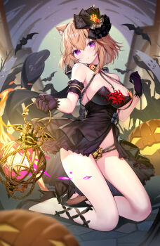 1girl absurdres animal_ear_fluff animal_ears bare_shoulders black_dress black_gloves black_shoes breasts brown_hair chain character_request cleavage closed_mouth cloud commentary_request dress flower full_body full_moon ghost gloves hair_between_eyes hand_up head_tilt high_heels highres holding holding_lantern jack-o&#039;-lantern keyhole kneeling lantern large_breasts looking_at_viewer moon night outdoors purple_eyes red_flower ririko_(zhuoyandesailaer) shoes solo spider_lily tenkafuma