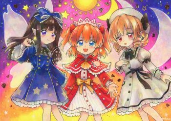 3girls alternate_costume arm_bow artist_name ascot black_bow black_bowtie black_nails black_ribbon blonde_hair blue_bow blue_dress blush bow bowtie brown_hair capelet closed_mouth commentary crescent_moon dated dress drill_hair fairy fairy_wings frilled_capelet frilled_dress frilled_sleeves frills hair_bow hat headdress long_hair long_sleeves looking_at_viewer luna_child maa_(forsythia1729) moon moon_print multiple_girls neck_ribbon open_mouth orange_hair pointy_ears print_dress purple_eyes red_capelet red_dress red_eyes ribbon smile star_(symbol) star_print star_sapphire sun sun_print sunny_milk touhou traditional_media twitter_username white_dress white_hat wings yellow_ascot