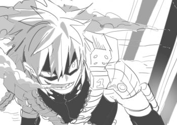 1boy absurdres bakugou_katsuki bandolier belt boku_no_hero_academia collared_shirt commentary_request eye_mask glaring greyscale hair_between_eyes highres korean_commentary looking_to_the_side male_focus mask monochrome open_mouth shirt sideways_glance sketch smoke smoke_from_mouth solo spiked_hair superhero_costume teeth tosi_0604 upper_body