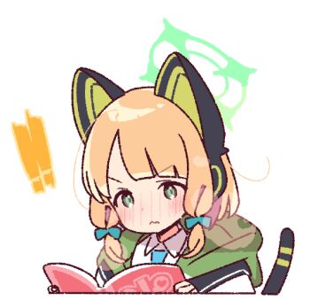 ! !! 1girl animal_ear_headphones animal_ears blonde_hair blue_archive blue_necktie blunt_bangs blush book bow cat_ear_headphones cat_ears closed_mouth collared_shirt commentary cropped_torso fake_animal_ears green_bow green_eyes green_halo hair_bow halo headphones jacket mechanical_tail momoi_(blue_archive) necktie nose_blush open_book shirt short_hair simple_background solo symbol-only_commentary tail white_background white_jacket white_shirt yoru_nai