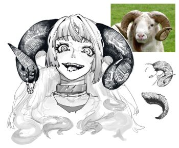 1girl collar forked_tongue highres horizontal_pupils horns looking_at_viewer matata1203 original sheep sheep_girl sheep_horns teeth tongue