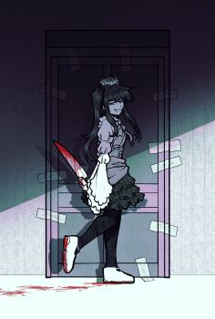 1girl absurdres blood blood_on_feet blood_on_ground bloody_knife blunt_bangs bow choker door dress flower frills furudo_erika gavinom123 hair_ornament hat highres holding holding_knife knife long_hair pantyhose ribbon rose skirt smile solo tape twintails umineko_no_naku_koro_ni