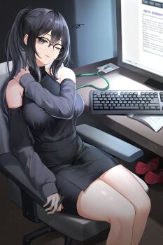 1girl absurdres black_eyes black_hair breasts chair commission detached_sleeves glasses highres computer_keyboard lanyard large_breasts lillly looking_at_viewer on_chair one_eye_closed original pen pencil_skirt ponytail screen sidelocks sitting skirt solo