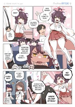 1boy 3girls aged_up ahoge animal_ears black_choker blue_archive breasts brown_hair chair chibi chibi_inset choker cleavage collared_shirt comic desk english_text fang hair_between_eyes hakama hakama_skirt halo heart height_difference huge_breasts japanese_clothes kaede_(blue_archive) kimono looking_at_another mabufuyo multiple_girls nontraditional_miko okobo open_mouth pink_halo platform_sandals purple_hair sandals sensei_(blue_archive) shaded_face shirt shortack side_bun sidelocks sitting sitting_on_lap sitting_on_person skirt smelling smelling_clothes smile speech_bubble thick_thighs thighhighs thighs white_halo white_kimono white_shirt white_thighhighs wide_hips wide_sleeves