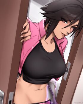 1girl alternate_breast_size_(larger) artist_name black_hair black_shirt breasts commentary_request dispatch doorway face_piercing fingernails highres indoors invisible invisigal jacket looking_at_viewer medium_breasts midriff navel nose_piercing nose_ring nuart82 piercing pink_jacket shirt short_hair solo