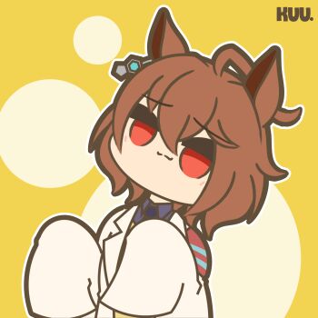 1girl agnes_tachyon_(tach-nology)_(umamusume) agnes_tachyon_(umamusume) ahoge animal_ears animated animated_gif artist_name brown_hair closed_mouth commentary english_commentary hair_between_eyes highres horse_ears horse_girl kuhl-notes lab_coat light_blush light_smile long_sleeves looking_at_viewer medium_hair red_eyes sleeves_past_fingers sleeves_past_wrists solo sweater_vest umamusume upper_body yellow_sweater_vest