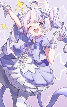 1girl ;d absurdres ahoge arm_up blue_archive blue_hair blush bow bowtie braid chinese_commentary clenched_hands commentary_request cowboy_shot dress dress_bow earrings fang frilled_dress frilled_gloves frills glint gloves hair_between_eyes hair_ornament halo hand_up happy highres jewelry long_hair long_ribbon looking_at_viewer magical_girl multicolored_hair official_alternate_costume official_alternate_hairstyle one_eye_closed open_mouth outline pantyhose petticoat pink_hair plaid_clothes plaid_skirt purple_background purple_bow purple_bowtie purple_dress purple_eyes purple_ribbon reisa_(blue_archive) reisa_(magical)_(blue_archive) ribbon simple_background skin_fang skirt smile solo sparkle star_(symbol) star_earrings star_hair_ornament star_halo star_symbol_background streaked_hair striped_clothes striped_pantyhose twin_braids twintails twitter_username two-tone_hair very_long_hair white_outline white_wrist_cuffs wrist_cuffs zhuti483486