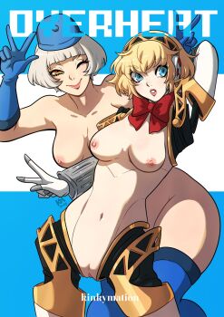 2girls aigis_(persona) android blonde_hair blue_eyes breasts double_v elizabeth_(persona) female_focus functionally_nude gloves hat highres kinkymation looking_at_viewer medium_breasts multiple_girls navel one_eye_closed persona persona_3 pussy ribbon short_hair thighhighs v white_hair wink yellow_eyes