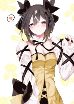 1girl absurdres alternate_costume animal_ears black_bow black_hair black_ribbon blush bow breasts brown_eyes cleavage collar commentary_request detached_collar ear_bow heart highres hisagi_(hisagi00) horse_ears horse_girl long_sleeves looking_at_viewer neck_ribbon ribbon short_hair small_breasts solo spoken_heart stay_gold_(umamusume) umamusume upper_body white_collar