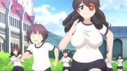 6+girls animated anime_screenshot arue_(konosuba) bouncing_breasts breast_envy breasts brown_hair cloud dodonko_(konosuba) eyepatch flat_chest funifura highres kono_subarashii_sekai_ni_shukufuku_wo! large_breasts long_hair looking_at_breasts megumin multiple_girls outdoors ponytail red_eyes running short_hair sky sound sports_uniform tagme video yunyun_(konosuba)