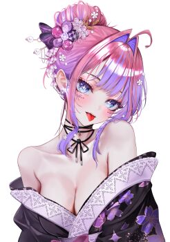 1girl absurdres ahoge alternate_hairstyle black_kimono blue_eyes breasts center-flap_bangs choker cleavage commentary facial_mark floral_print floral_print_kimono flower gradient_hair hair_bun hair_flower hair_intakes hair_ornament highres hololive hololive_dev_is iam_ciikawa japanese_clothes kikirara_vivi kikirara_vivi_(new_year) kimono long_hair looking_at_viewer mark_under_both_eyes medium_breasts multicolored_hair off_shoulder official_alternate_costume open_mouth pink_hair print_kimono purple_streaks ribbon_choker simple_background single_hair_bun solo star-shaped_pupils star_(symbol) symbol-shaped_pupils tongue tongue_out upper_body virtual_youtuber white_background