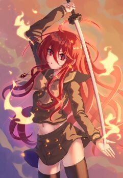 1girl ahoge alastor_(shakugan_no_shana) arm_up black_thighhighs bow buttons commentary cowboy_shot double-breasted eyelashes eyes_visible_through_hair fire floating_hair gluteal_fold green_sailor_collar green_serafuku green_shirt green_skirt hair_between_eyes highres holding holding_sword holding_weapon jewelry katana long_hair long_sleeves looking_at_viewer midriff miniskirt navel necklace open_mouth pyrokinesis red_eyes red_hair sailor_collar school_uniform seiyagasa serafuku shakugan_no_shana shana shirt sidelocks skirt solo sword thighhighs v-shaped_eyebrows very_long_hair weapon yellow_bow zettai_ryouiki