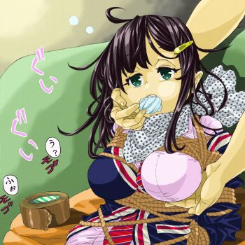 1girl apartment arms_behind_back bdsm bondage bound breast_bondage breasts brown_hair cloth_gag door drowsy drugged gag gagged green_eyes groping hair_ornament hairclip improvised_gag kidnapped kokudou_6-gou necktie roll_of_tape rope school_uniform shibari skirt socks solo_focus stuffed_mouth tape