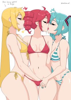 3girls absurdres akita_neru bikini blonde_hair blue_bikini blue_hair blue_nails breast_press breasts cleavage closed_eyes commentary drill_hair english_commentary english_text fff_threesome fingering french_kiss group_sex hatsune_miku heart highres kasane_teto kiss licking_another&#039;s_hair medium_breasts multiple_girls nevtelen polygamy red_bikini red_hair side-tie_bikini_bottom side_ponytail simple_background string_bikini striped_bikini striped_clothes swimsuit threesome tongue tongue_out twin_drills twintails twitter_username vocaloid white_background yellow_bikini yuri