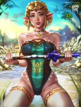 1girl absurdres bare_shoulders blonde_hair braid breasts circlet crown_braid earrings green_eyes highleg highleg_leotard highres holding holding_weapon jewelry kneeling large_breasts leotard lips logan_cure looking_at_viewer necklace nintendo paid_reward_available pointy_ears princess_zelda solo strapless strapless_leotard teardrop_facial_mark the_legend_of_zelda the_legend_of_zelda:_tears_of_the_kingdom thighhighs watermark weapon white_thighhighs