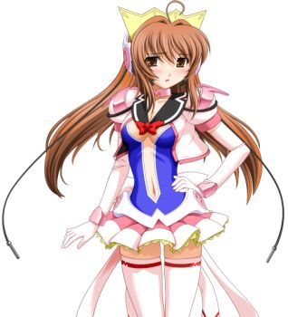 1girl 2000s_(style) ahoge blush bow breasts brown_eyes brown_hair center_opening cleavage elbow_gloves game_asset gloves hand_on_own_hip headphones headset large_variant_set long_hair magical_girl mahou_senshi_(series) mahou_senshi_symphonic_knights medium_breasts navel non-web_source official_art open_mouth parted_lips pink_thighhighs saitou_natsuki self-datamine simple_background skirt solo symphonic_lily tachi-e thighhighs transparent_background variant_set yurise_ririna zettai_ryouiki