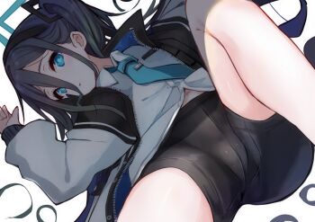 1girl aris_(blue_archive) bike_shorts black_hair black_shorts blue_archive blue_eyes blue_halo blue_necktie commentary_request crotch_focus crotch_seam expressionless hair_between_eyes halo jacket kenzuishi_(pixiv1071422) long_bangs long_hair long_sleeves looking_at_viewer necktie no_pants open_clothes open_jacket parted_lips school_uniform shirt shorts simple_background solo tareme turning_head white_background white_jacket white_shirt