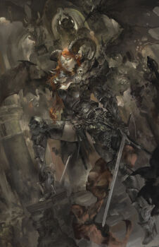 1girl armor armored_boots boots christian_angel column highres horns long_hair original pillar red_hair solo standing sword weapon wings