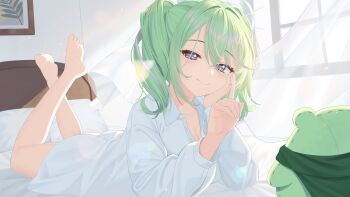 Rule 34 | 1girl, absurdres, barefoot, bed, bedroom, breasts, chico (yuzuha riko), cleavage, closed mouth, collared shirt, commentary, curtains, elbow rest, floating curtains, full body, green hair, hair between eyes, hair intakes, hand rest, hands up, highres, huhe 01, index finger raised, indoors, legs up, long bangs, long sleeves, lying, medium hair, no pants, on bed, on stomach, parted bangs, purple eyes, shirt, smile, solo, stellive, stuffed toy, symbol-only commentary, twintails, virtual youtuber, white shirt, yuzuha riko
