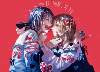 2girls bandaged_arm bandages bandaid bandaid_on_cheek bandaid_on_face black_hair blood blood_on_face bloody_bandages blue_bow blue_ribbon blue_shirt blunt_bangs bow box boxcutter brown_eyes brown_hair bruise bruise_on_face candy collared_shirt cuts earrings english_text eye_contact food fork gun hair_bow hair_ribbon hand_on_another&#039;s_shoulder handgun heart heart-shaped_box highres holding holding_boxcutter holding_candy holding_food holding_fork holding_gun holding_lollipop holding_weapon hug injury jewelry light_particles lipstick lollipop long_sleeves looking_at_another makeup mau_sakura medium_hair multiple_girls nail_polish original polka_dot polka_dot_bow red_background red_bow red_nails ribbon shirt simple_background smile upper_body weapon white_ribbon white_shirt yuri