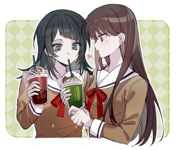 2girls bang_dream! bang_dream!_it's_mygo!!!!! black_hair blue_eyes border brown_dress brown_hair chinese_commentary commentary_request cup disposable_cup dress drinking_straw drinking_straw_in_mouth hanasakigawa_school_uniform heart holding holding_cup icejiangyusky long_hair long_sleeves matcha_(food) mole mole_under_eye multiple_girls neck_ribbon open_mouth outside_border purple_eyes red_ribbon ribbon sailor_collar sailor_dress school_uniform shiina_taki upper_body white_border white_sailor_collar yahata_umiri