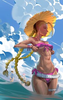 3girls abs absurdres adjusting_clothes alternate_costume bikini blonde_hair bracelet braid breasts cammy_white capcom chun-li cloud cloudy_rain4 curvy day hat highres jewelry long_hair manon_legrand multiple_girls navel official_alternate_costume one-piece_swimsuit pink_bikini pink_hair scar side-tie_bikini_bottom solo_focus straw_hat street_fighter street_fighter_6 swimsuit thong thong_bikini twin_braids wading wet wide_hips