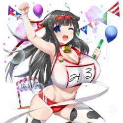 1girl animal_print armpits balloon bell black_hair blue_eyes breasts choker cleavage cow_girl cow_horns cow_print cow_print_thighhighs gym_uniform hairband horns kusaka_souji large_breasts long_hair miru_holstein neck_bell off_shoulder print_thighhighs red_choker red_hairband thighhighs uchi_no_hime-sama_ga_ichiban_kawaii